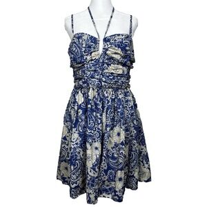 Aqua Halter Mini Dress Womens XL Paisley Floral Ruched Ruffled Boho Y2K Romantic